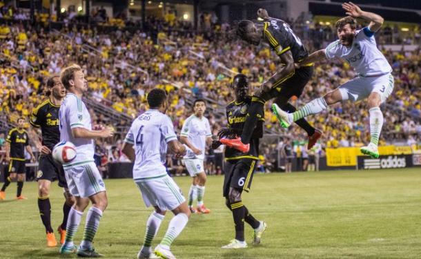 Kei Kamara heads down a corner kick for a goal against Brad Evans and the Seattle Sounders | Matt Ellis - Columbus Underground