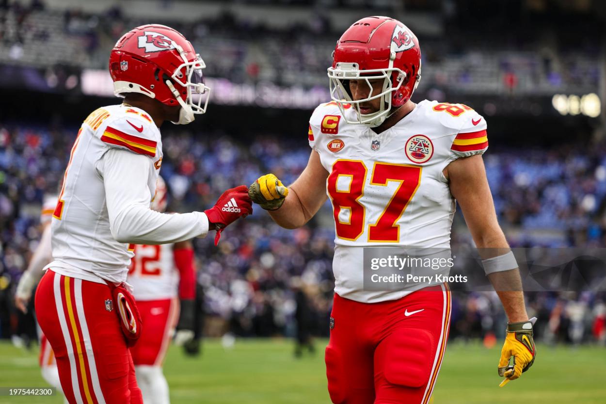 Travis Kelce #87 of the Kansas City Chiefs warms up prior to the AFC Championship NFL football game against the Baltimore Ravens at M&T Bank Stadium on January 28, 2024 in Baltimore, Maryland. (Photo by Perry Knotts/Getty Images)