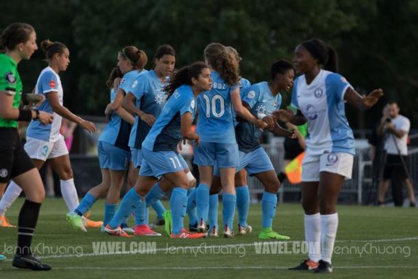 Sam Kerr celebrates with her team after scoring the second Sky Blue FC goal | Source: Jenny Chuang - VAVEL USA 