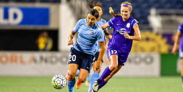 Sam Kerr (20) in action against the Orlando Pride and Danielle Weatherholt this past weekend | Source: Sky Blue FC Twitter - @SkyBlueFC