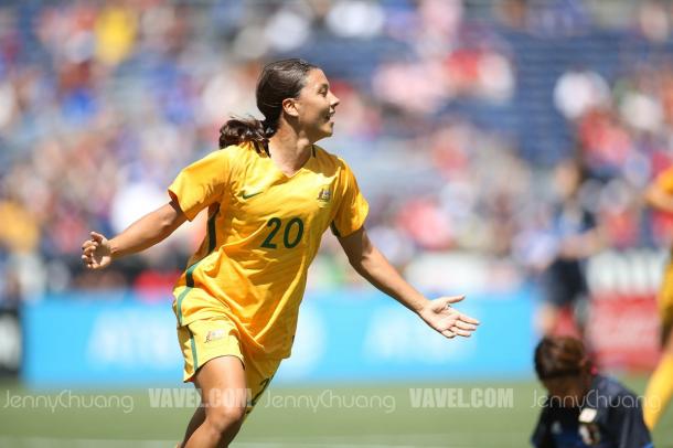 Sam Kerr celebrating her hat trick against Japan l Source: Jenny Chuang - VAVEL USA