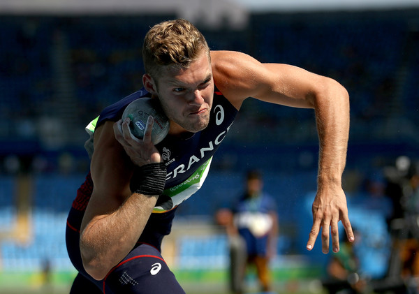 France's Kevin Mayer prepares to throw in the shot put, which he won to move up to third in the overall standings/Photo: Cameron Spencer/Getty Images