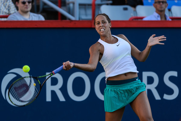 Keys hits a forehand during her semifinal win in Montreal. Photo:  Minas Panagiotakis