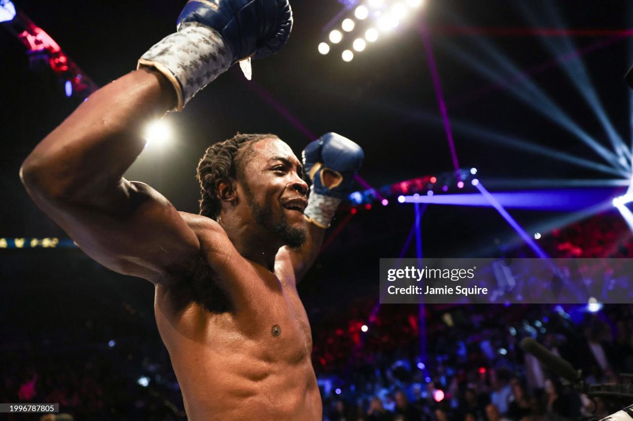 LAS VEGAS, NEVADA - FEBRUARY 08: Keyshawn Davis reacts after defeating Jose Pedraza during their lightweight bout at Michelob ULTRA Arena on February 08, 2024 in Las Vegas, Nevada. (Photo by Jamie Squire/Getty Images)