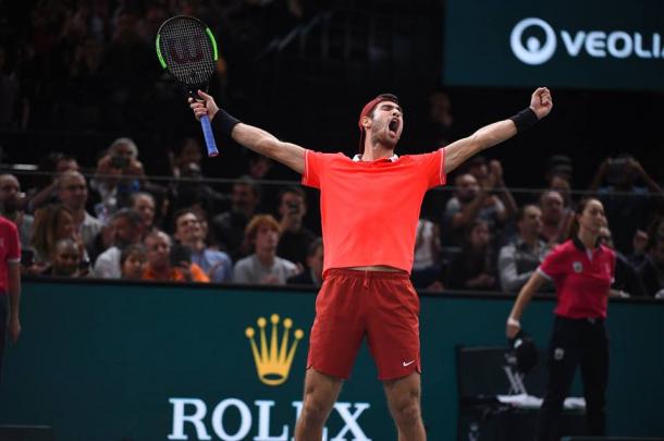 Karen Khachanov celebrates his win over Djokovic. Photo: BNP Paribas Masters