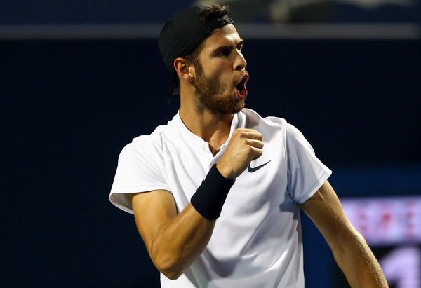 Karen Khachanov celebrates a point during his tough loss to Nadal. Photo: Getty Images