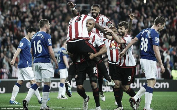 Above: Sunderland AFC celebrate one of Lamine Kone's two goals in their 3-0 win over Everton | Photo: Graham Chadwick 