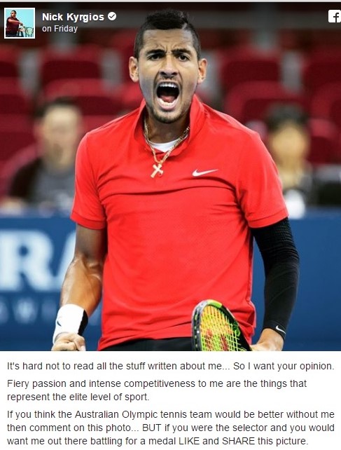 Kyrgios' Facebook post asking for fans to show their support for him. Photo: Nick Kyrgios' Facebook