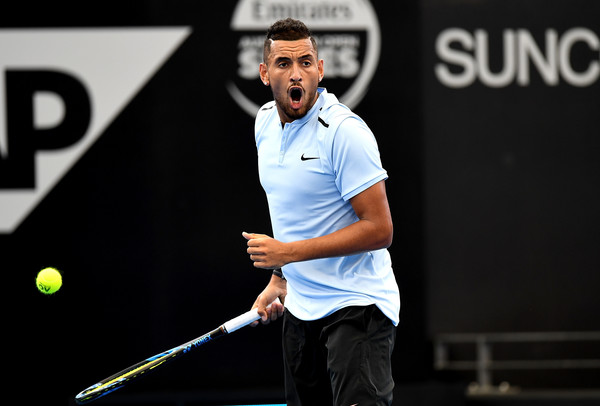 Nick Kyrgios celebrates a point during his comeback win over Dolgopolov. Photo: Bradley Kanaris/Getty Images