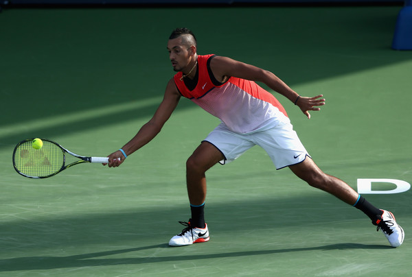 Nick Kyrgios hits a forehand during his quarterfinal win. Photo: Warren Little/Getty Images