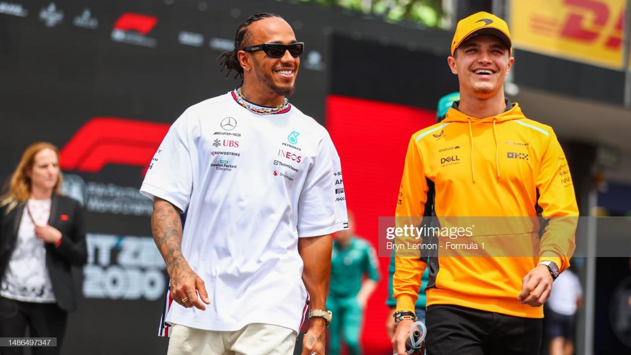 Hamilton and Norris ahead of the Azerbaijan Grand Prix - (Photo by Bryn Lennon - Formula 1 via Getty Images)