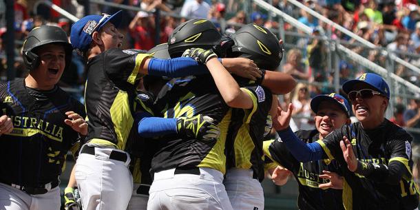 Australia celebrates after tying the game in the sixth inning. (Little League International)