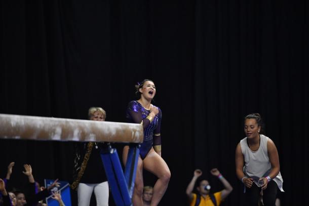 Sarah Finnegan celebrates a 9.95 beam performance. Photo Credit: LSU Tigers Gymnastics Twitter