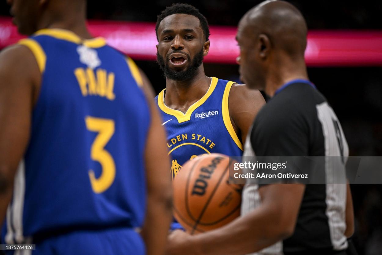 Andrew Wiggins (22) of the Golden State Warriors argues a call during the fourth quarter of the Denver Nuggets' 120-114 win at Ball Arena in Denver on Monday, December 25, 2023. (Photo by AAron Ontiveroz/The Denver Post)