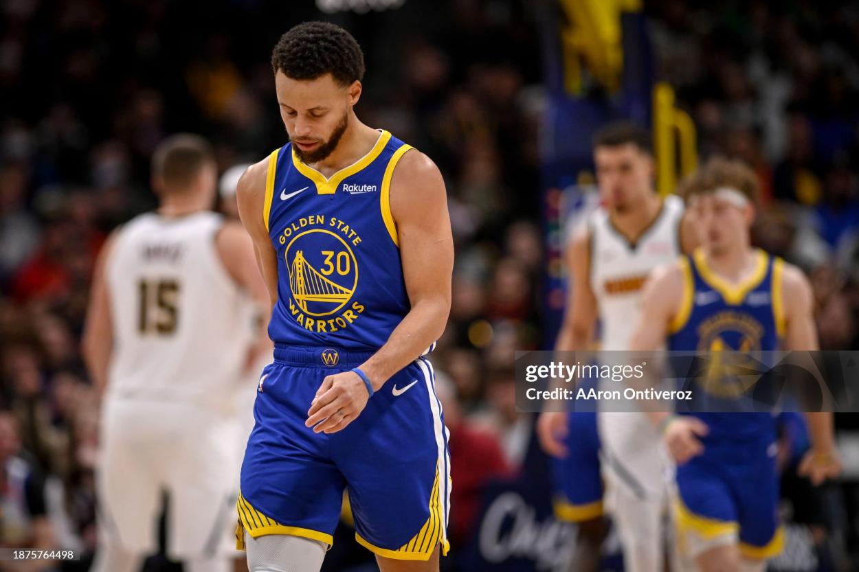  Stephen Curry (30) of the Golden State Warriors shows signs of frustration during the fourth quarter of the Denver Nuggets' 120-114 win at Ball Arena in Denver on Monday, December 25, 2023. (Photo by AAron Ontiveroz/The Denver Post)