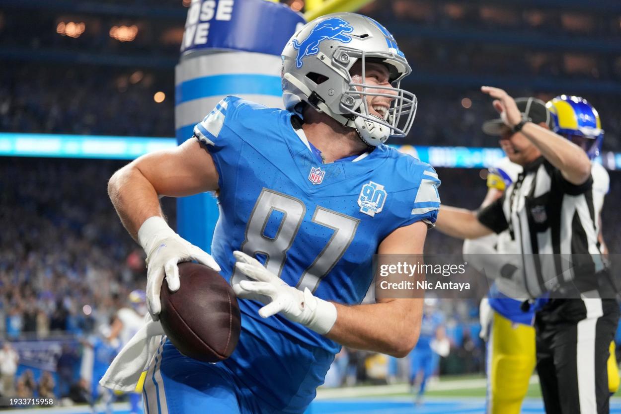 Sam LaPorta #87 of the Detroit Lions reacts after scoring a touchdown during the second quarter against the Los Angeles Rams in the NFC Wild Card Playoffs at Ford Field on January 14, 2024 in Detroit, Michigan. (Photo by Nic Antaya/Getty Images)