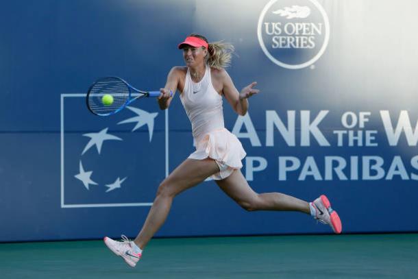 Maria Sharapova in action during her first round win over Jennifer Brady in Stanford (Getty/Lachlan Cunningham)