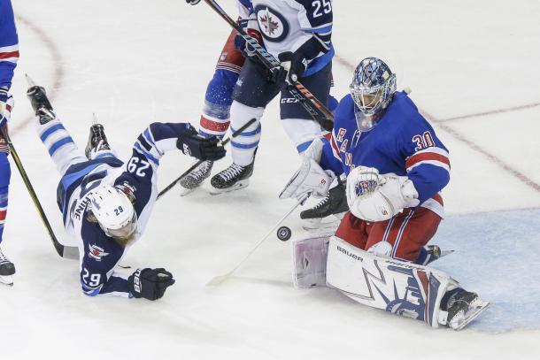 THe Winnipeg Jets' Patrik Laine scored a hat trick and all his team's goals in this game. (Photo by John Crouch/Icon Sportswire via Getty Images)