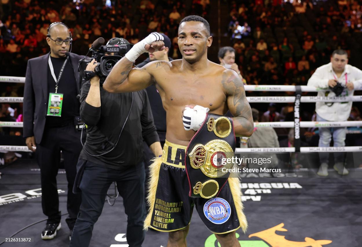 LAS VEGAS, NEVADA - MARCH 30: WBA middleweight champion Erislandy Lara poses with his belt after defeating Michael Zerafa in a title fight at T-Mobile Arena on March 30, 2024 in Las Vegas, Nevada. Lara retained his title with a second-round knockout. (Photo by Steve Marcus/Getty Images)