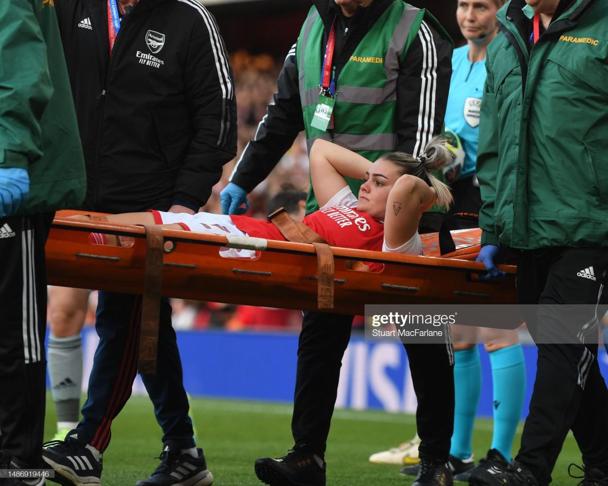 Injured Arsenal attacker Laura Wienroither stretchered off during the UEFA Women's Champions League semifinal 2nd leg match between Arsenal and VfL Wolfsburg at Emirates Stadium on May 01, 2023 in London, England. (Photo by Stuart MacFarlane/Arsenal FC via Getty Images)