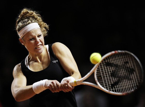 Laura Siegemund hits a backhand during her semifinal match against Simona Halep at the 2017 Porsche Tennis Grand Prix. | Photo:  | Photo: Adam Pretty/Bongarts