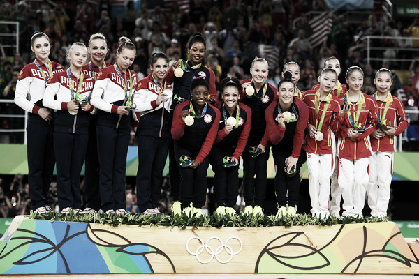 The podium for the Team Finals in Women's Gymnastics at the 2016 Olympics. Photo Credit: Laurence Griffiths