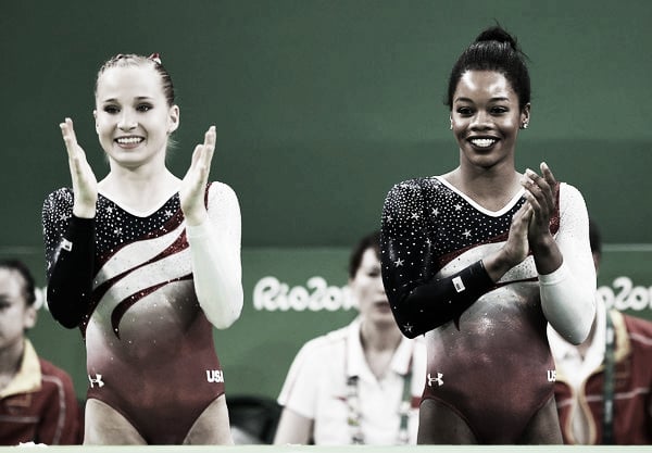 ​ Madison Kocian (left) and Gabby Douglas (right) cheering on a teammate during Team Finals in Rio. Photo Credit: Laurence Griffiths of Getty South AmericaMadison Kocian (left) and Gabby Douglas (right) cheering on a teammate during Team Finals in Rio. Photo Credit: Laurence Griffiths of Getty South America