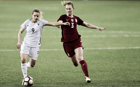 Eugenie Le Sommer (left) scored twice in France's victory over the US (Photo: Getty/Rob Carr)