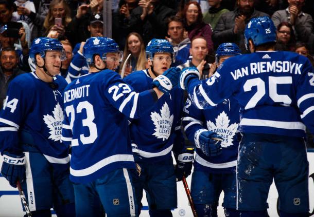 The Maple Leafs celebrate Kasperi Kapanen's (centre) first period goal. Photo: Mark Blinch/NHLI via Getty Images