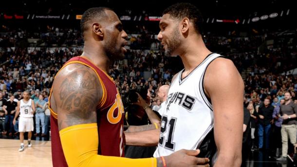 LeBron James (left) currently sits ahead of Tim Duncan (Right) in the NBA scoring charts. Credit: Garrett W. Ellwood/Getty Images