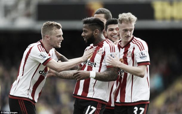 Above: Jeremain Lens celebrates his goal in Sunderland's 2-2 draw with Watford 