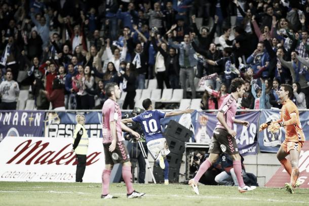 Miguel Linares celebrando el segundo gol ante el CD Tenerife | Foto: Real Oviedo