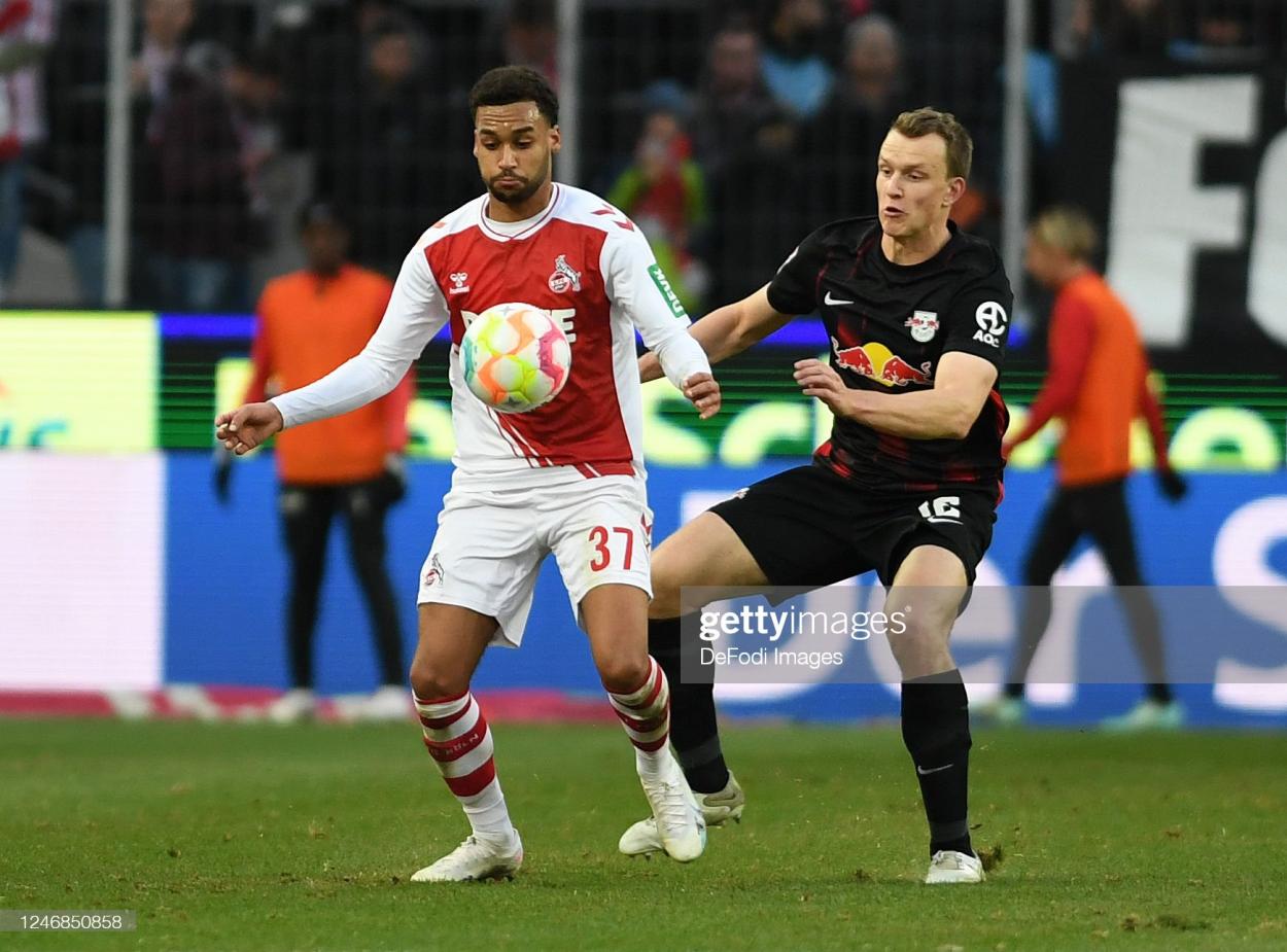 Linton Maina holds off Lukas Klostermann as FC Koln drew 1-1 to RB Leipzig last weekend PHOTO CREDIT: DeFodi Images