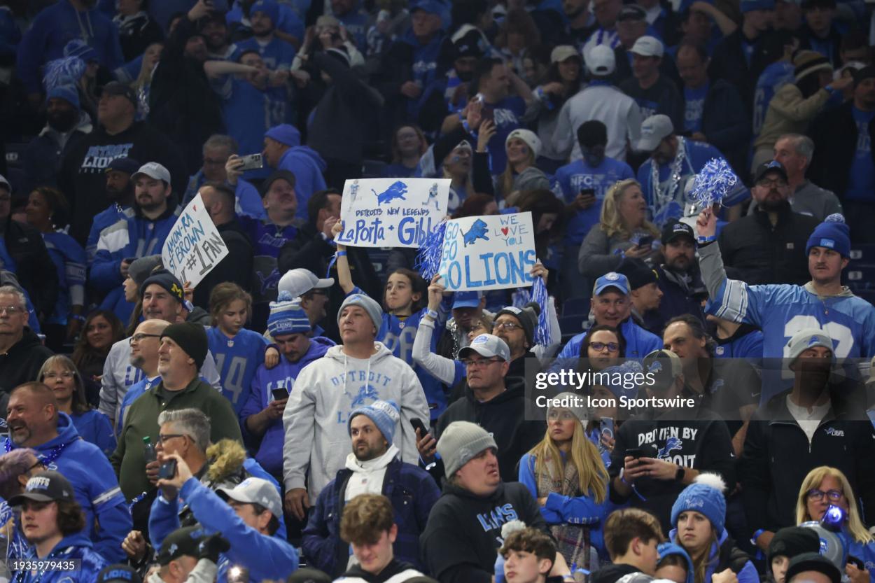 Detroit fans hold up signs during an NFL NFC Wild Card playoff football game between the Los Angeles Rams and the Detroit Lions on January 14, 2024 at Ford Field in Detroit, Michigan. (Photo by Scott W. Grau/Icon Sportswire via Getty Images)