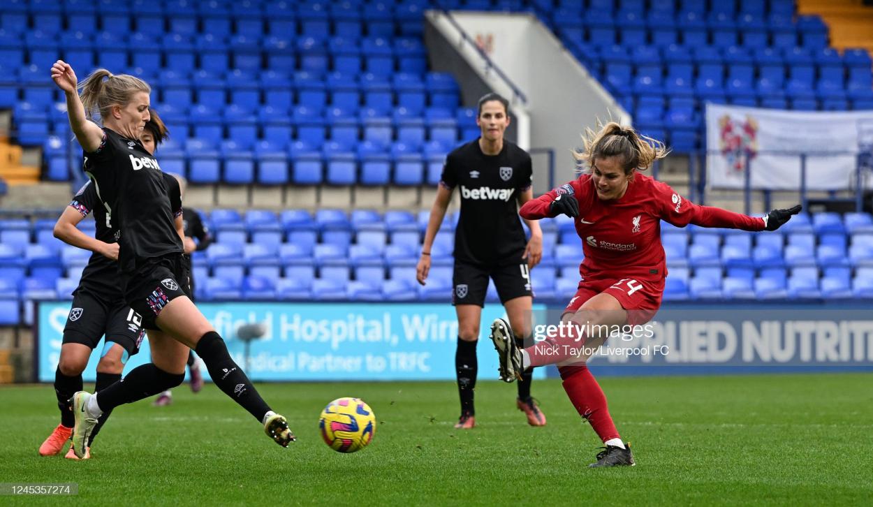 Katie Stengel scores the second goal for Liverpool against West Ham United in December 2022. (Photo by Nick Taylor/Liverpool FC/Liverpool FC via Getty Images)