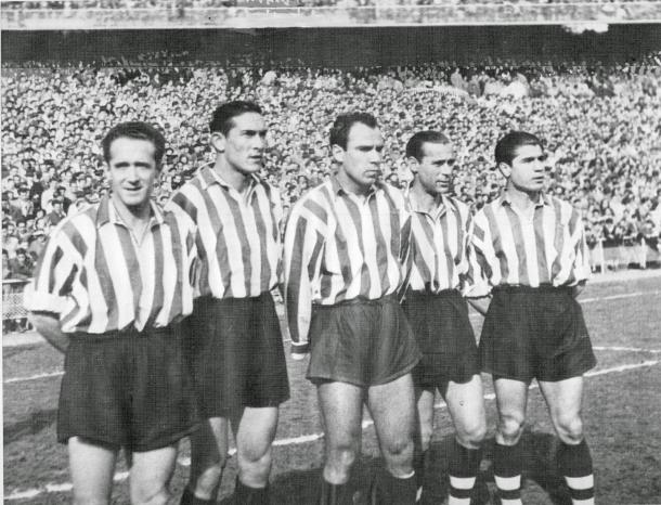 Iriondo, Venancio, Zarra, Panizo y Gaínza, mítica delantera del Athletic de principios de los 50 (Foto: mirandadeportiva.blogspot.com)
