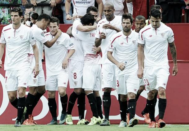 Above: Sevilla players celebrating a goal during one of their wins over Logrones | Photo: Goal