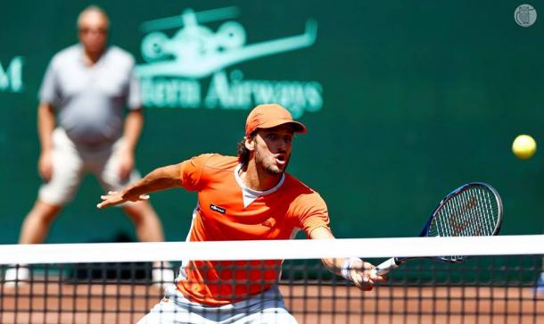 Feliciano Lopez extends for a volley during his win. Photo: Aaron M. Sprecher/ROCC