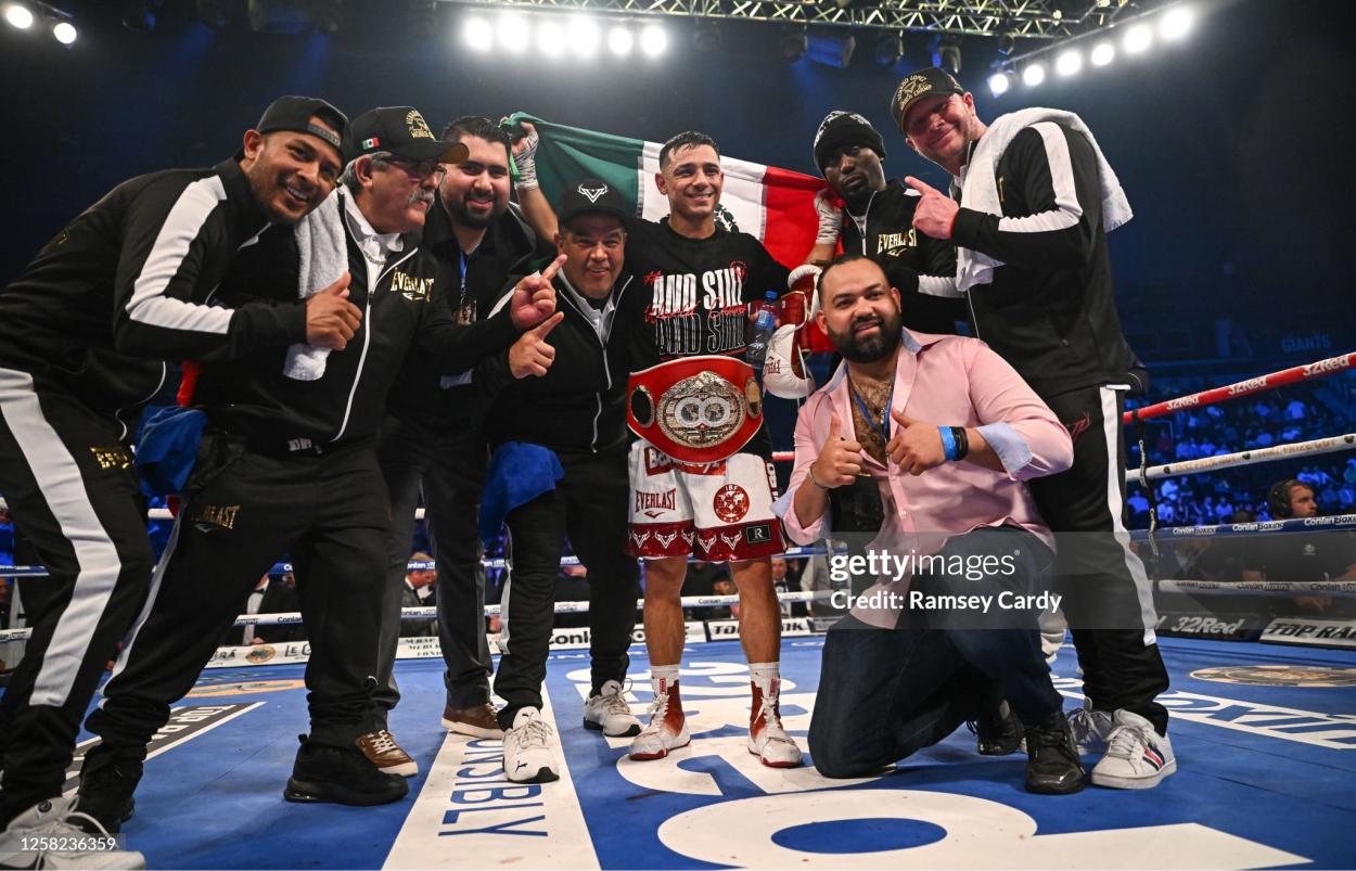 Belfast , United Kingdom - 27 May 2023; Luis Alberto Lopez and his team celebrate defeating Michael Conlan in their IBF Featherweight World Title bout at the SSE Arena in Belfast. (Photo By Ramsey Cardy/Sportsfile via Getty Images)