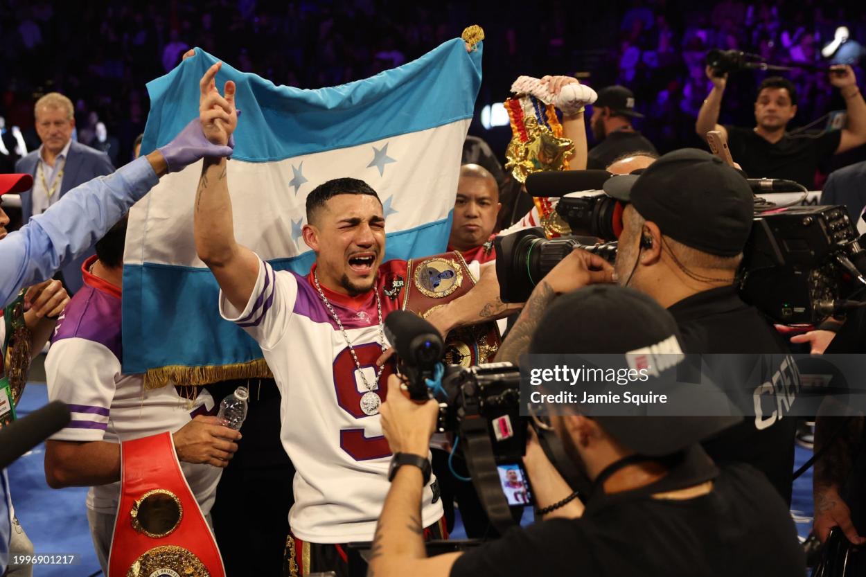 LAS VEGAS, NEVADA - FEBRUARY 08: Teofimo Lopez celebrates defeating Jamaine Ortiz to retain the WBO junior welterweight title at Michelob ULTRA Arena on February 08, 2024 in Las Vegas, Nevada. (Photo by Jamie Squire/Getty Images)
