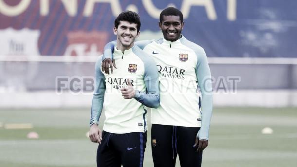 Carles Aleñá y Marlon Santos en el entrenamiento de hoy. Foto:  FC Barcelona