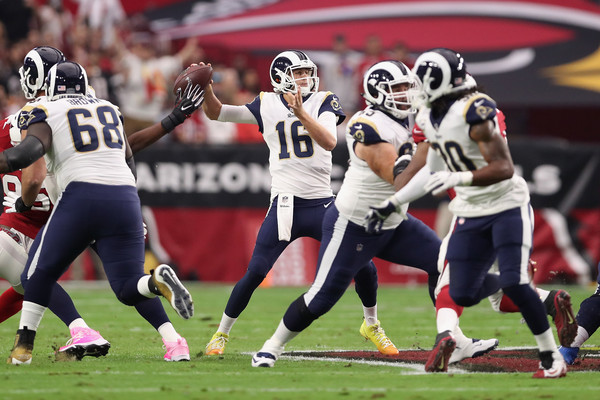 Quarterback Jared Goff #16 of the Los Angeles Rams throws a pass during the first half of the NFL game against the Arizona Cardinals. |Source: Christian Petersen/Getty Images North America|