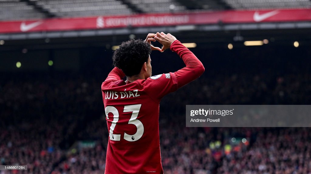 Luis Diaz celebrates his first goal since his return from injury against Tottenham Hotspur (Photo by Andrew Powell/Liverpool FC via Getty Images)