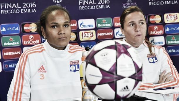 Lyon's players discuss the game with the media. | Image source: UEFA