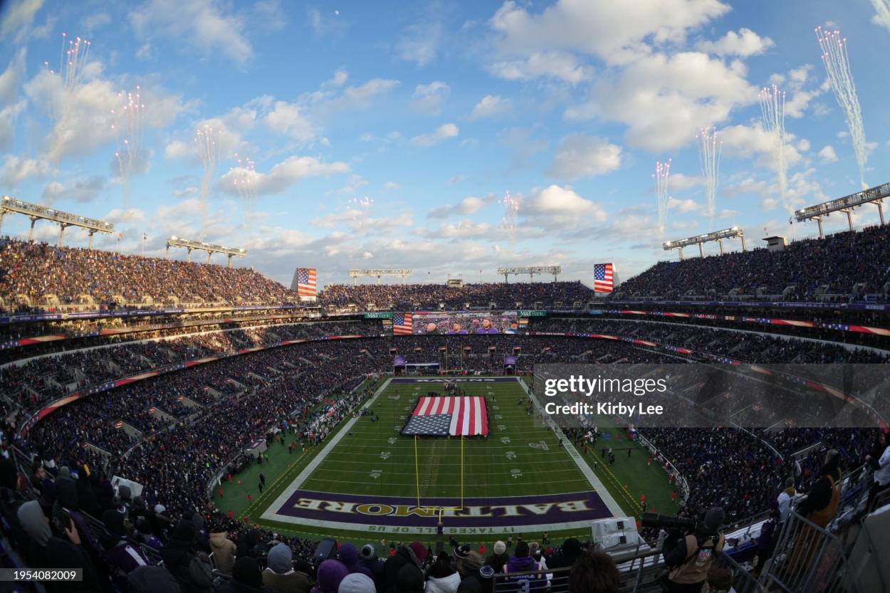 A general overall view of a United States flag on the field during the playing of the national anthem before the AFC Divisional playoff game between the Houston Texans and the Baltimore Ravens at M&T Bank Stadium on January 20, 2024 in Baltimore, Maryland. (Photo by Kirby Lee/Getty Images)
