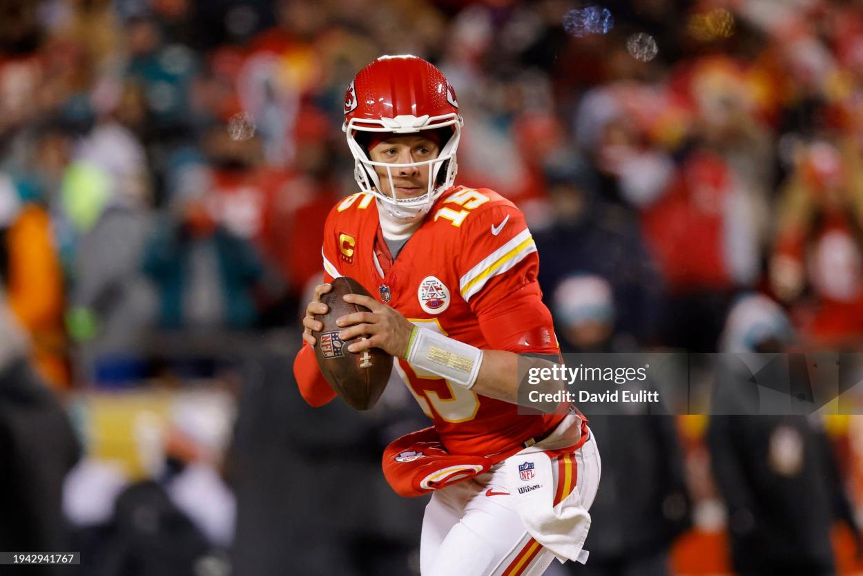 Patrick Mahomes #15 of the Kansas City Chiefs looks to pass during the first half against the Miami Dolphins in the AFC Wild Card Playoffs at GEHA Field at Arrowhead Stadium on January 13, 2024 in Kansas City, Missouri. (Photo by David Eulitt/Getty Images)
