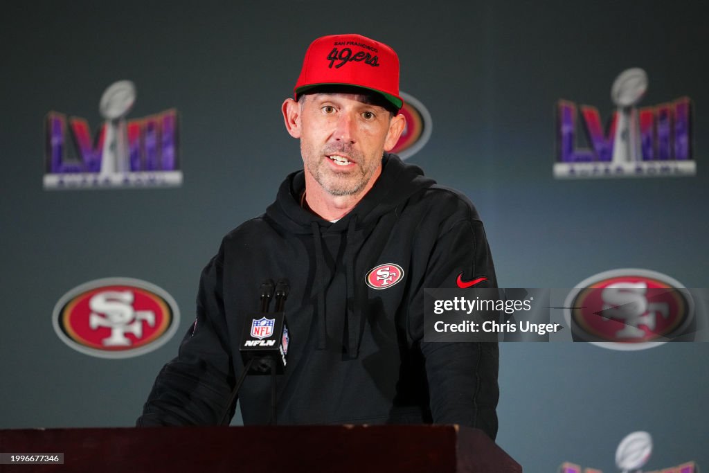 Head coach <strong><a  data-cke-saved-href='https://www.vavel.com/en-us/nfl/2024/01/27/1170185-49ers-vs-lions-nfc-championship-game-preview.html' href='https://www.vavel.com/en-us/nfl/2024/01/27/1170185-49ers-vs-lions-nfc-championship-game-preview.html'>Kyle Shanahan</a></strong> speaks to media during San Francisco 49ers media availability ahead of <strong><a  data-cke-saved-href='https://www.vavel.com/en-us/nfl/2024/01/29/1170426-nfc-championship-game-49ers-overcome-17-point-deficit-to-reach-their-second-super-bowl-under-kyle-shanahan.html' href='https://www.vavel.com/en-us/nfl/2024/01/29/1170426-nfc-championship-game-49ers-overcome-17-point-deficit-to-reach-their-second-super-bowl-under-kyle-shanahan.html'>Super Bowl</a></strong> LVIII at Hilton Lake Las Vegas Resort and Spa on February 08, 2024 in Henderson, Nevada. (Photo by Chris Unger/Getty Images)