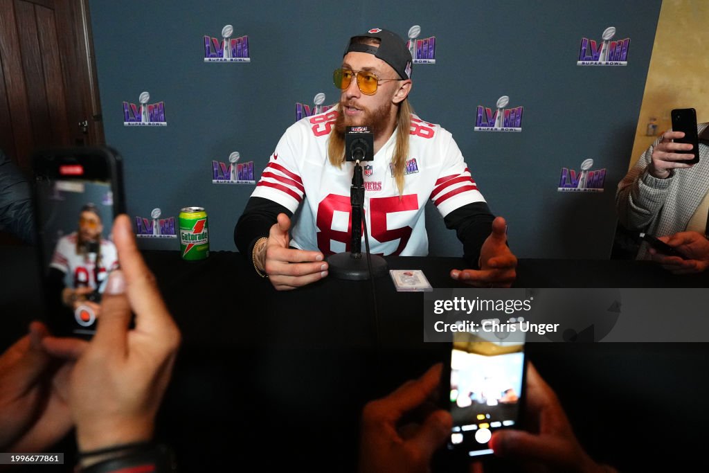 George Kittle #85 speaks to media during San Francisco 49ers media availability ahead of <strong><a  data-cke-saved-href='https://www.vavel.com/en-us/nfl/2024/02/07/1171573-top-five-super-bowls-of-all-time.html' href='https://www.vavel.com/en-us/nfl/2024/02/07/1171573-top-five-super-bowls-of-all-time.html'>Super Bowl</a></strong> LVIII at Hilton Lake Las Vegas Resort and Spa on February 08, 2024 in Henderson, Nevada. (Photo by Chris Unger/Getty Images)