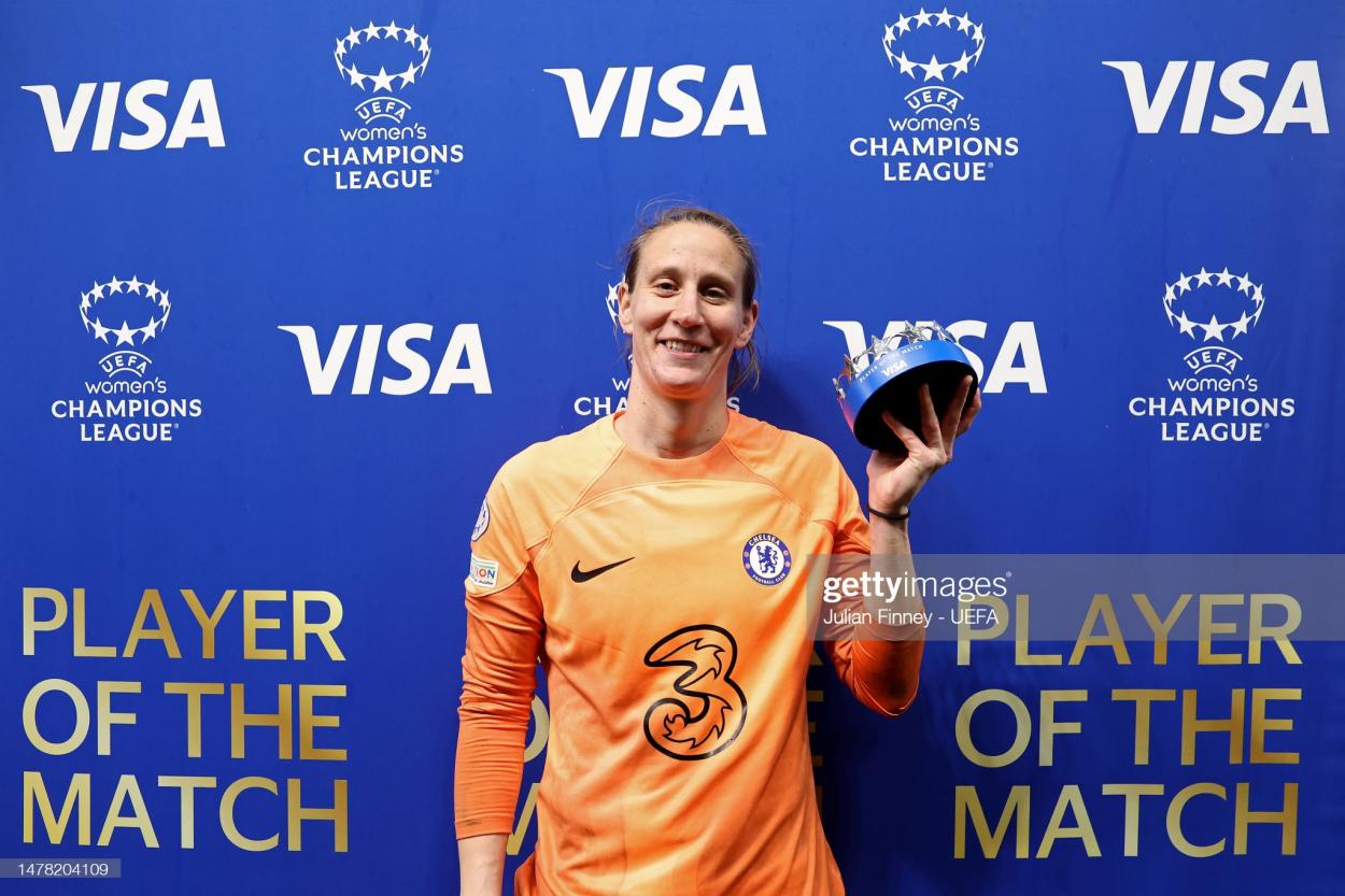 Ann-Katrin Berger of Chelsea poses for a photo with the Player of the Match trophy following the UEFA Women's Champions League quarter-final 2nd leg match between Chelsea FC and Olympique Lyonnais at Stamford Bridge on March 30, 2023 in London, England. (Photo by Julian Finney - UEFA/UEFA via Getty Images)