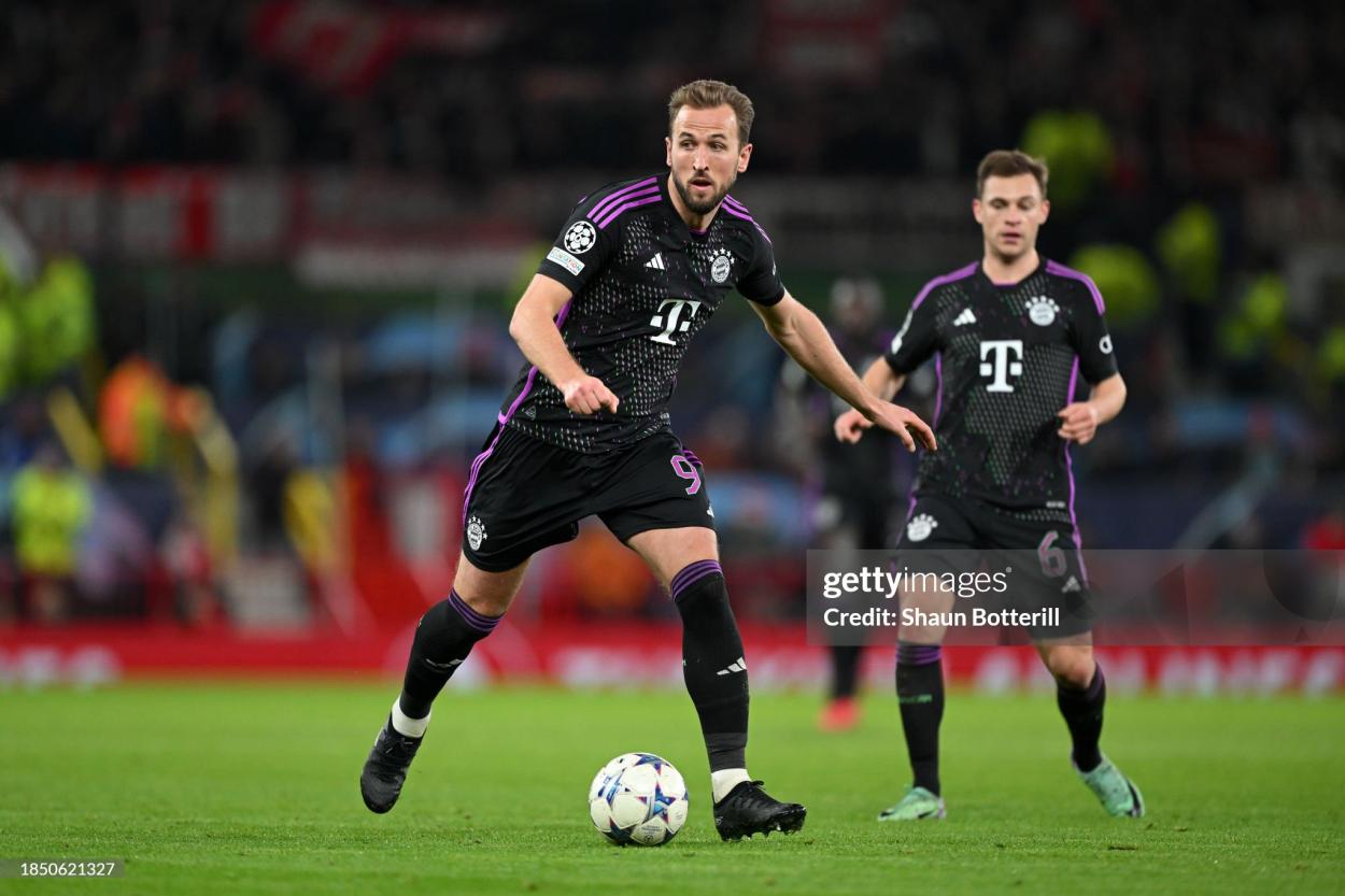 Harry Kane of Bayern Munich on the ball during the UEFA Champions League match between Manchester United and FC Bayern München at Old Trafford on December 12, 2023 in Manchester, England. (Photo by Shaun Botterill/Getty Images)